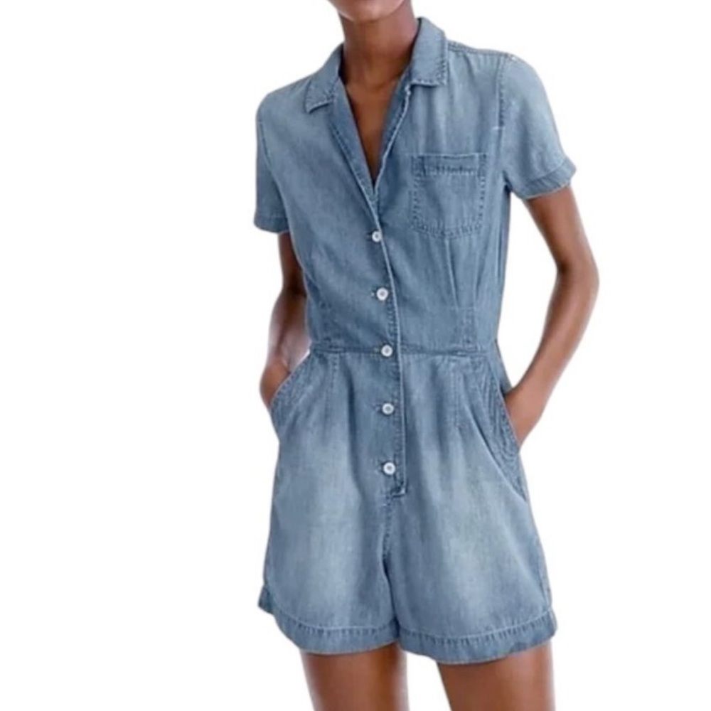 J Crew Women’s Blue Denim Chambray Button Down Short Sleeve Romper Size 4